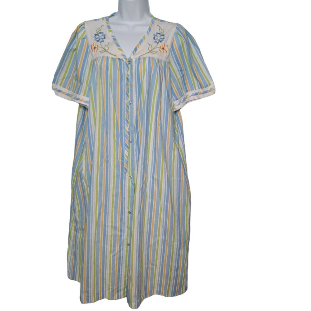 Classic Elements Life Granny House Duster Robe Blue Stripe Patio Granny Dress M